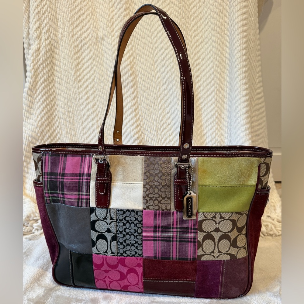 Coach Burgundy Suede Patchwork Tote Bag